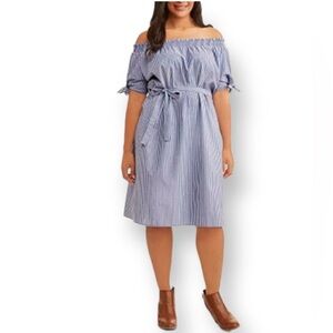 Terra & Sky Blue and White Off-Shoulder Midi Dress